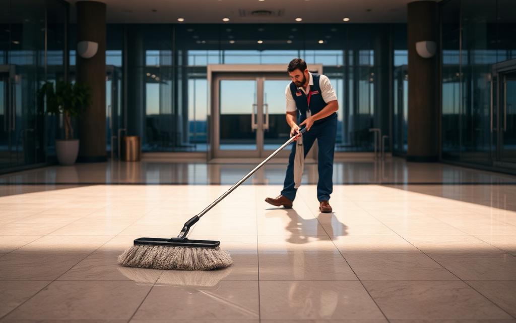 Commercial janitorial technician cleaning a polished office lobby floor