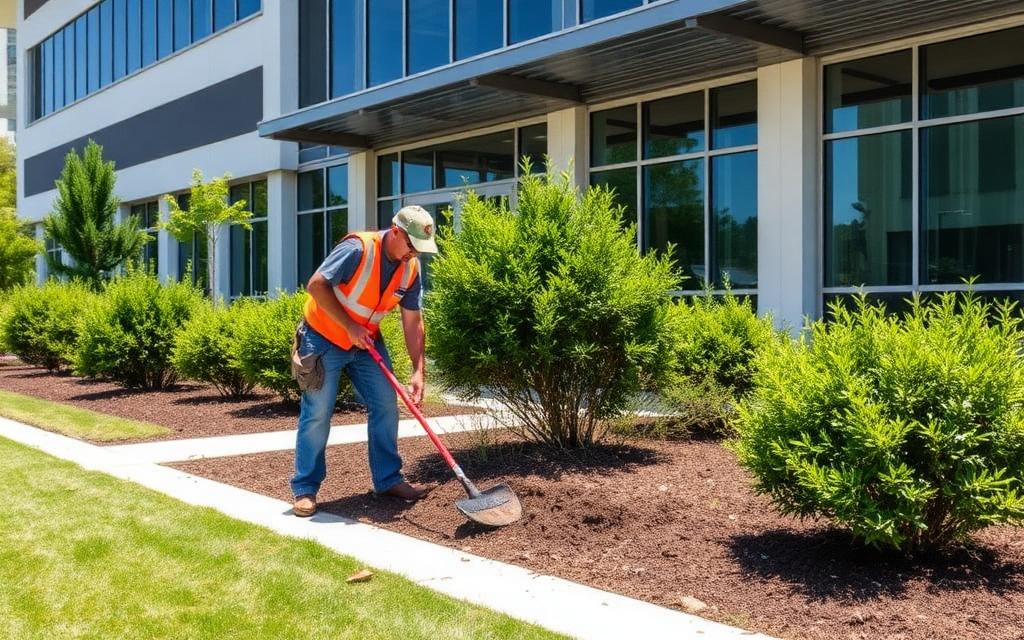 Landscape crew mulching shrub beds outside a commercial office building
