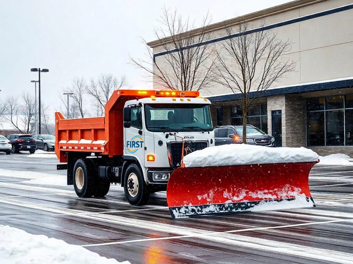 Snow plow clearing a commercial parking lot in Oklahoma winter